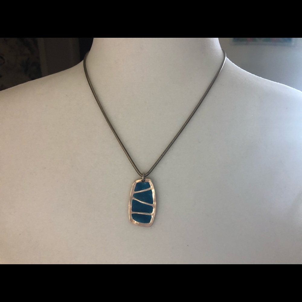 Silver Necklace with Blue Enamel Inlay Pendant